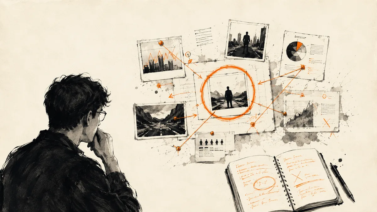 Editorial illustration showing competitor reel patterns being extracted and visualized as a connected evidence board
