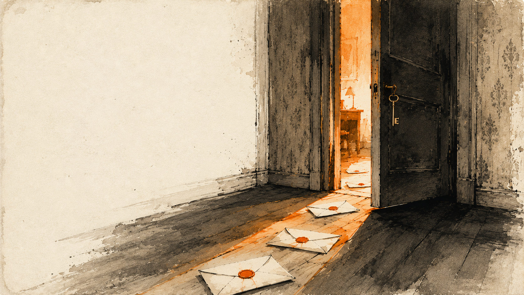 Regent AI social media agent for creators launches public beta — illustration of a heavy wooden door swung open with warm orange light spilling into the hallway