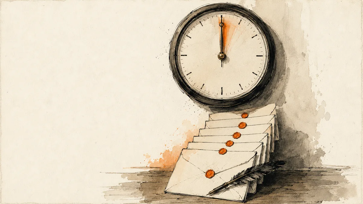 Editorial illustration showing time compression — planning a month of reels in twelve minutes with a brass clock and stack of letters