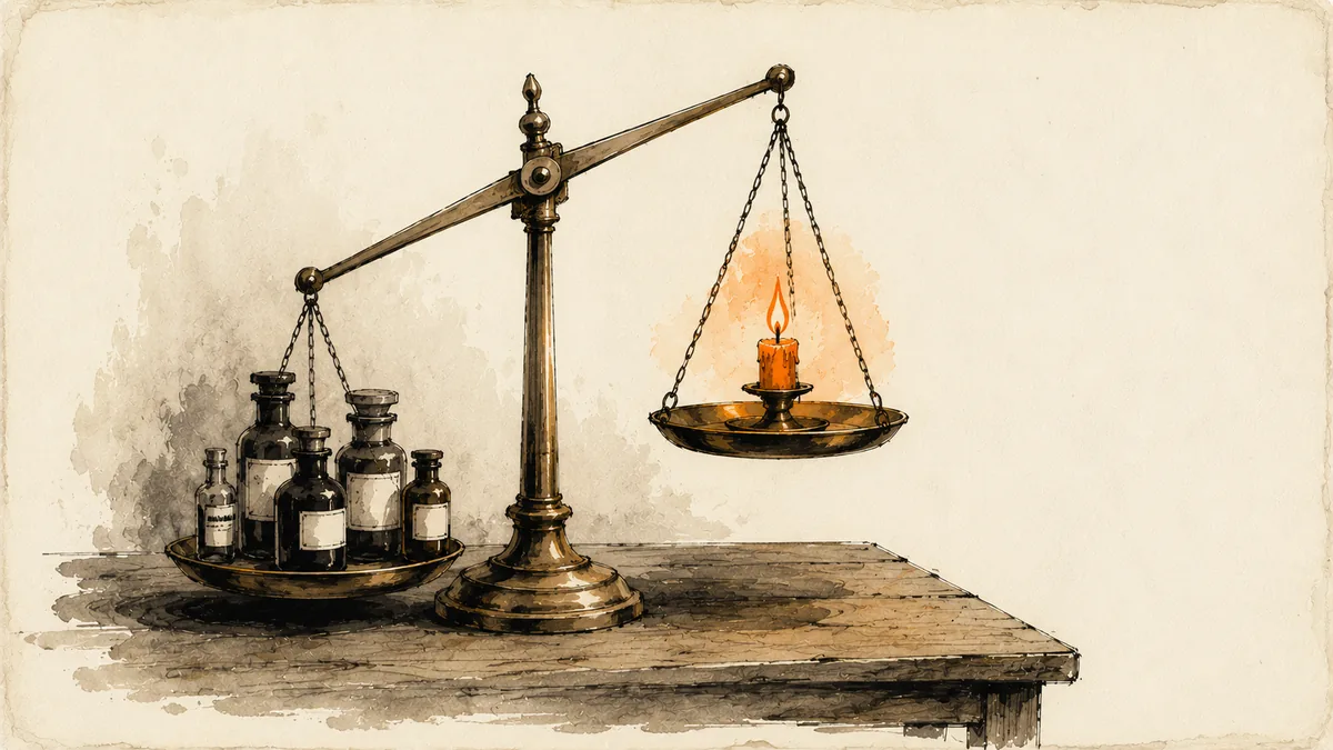 Editorial illustration of an apothecary balance scale comparing four AI social tools to one integrated solution