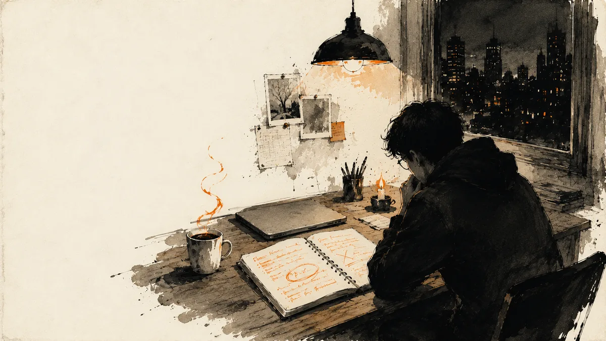 Editorial illustration of a solo founder workspace at night — the story behind building Regent