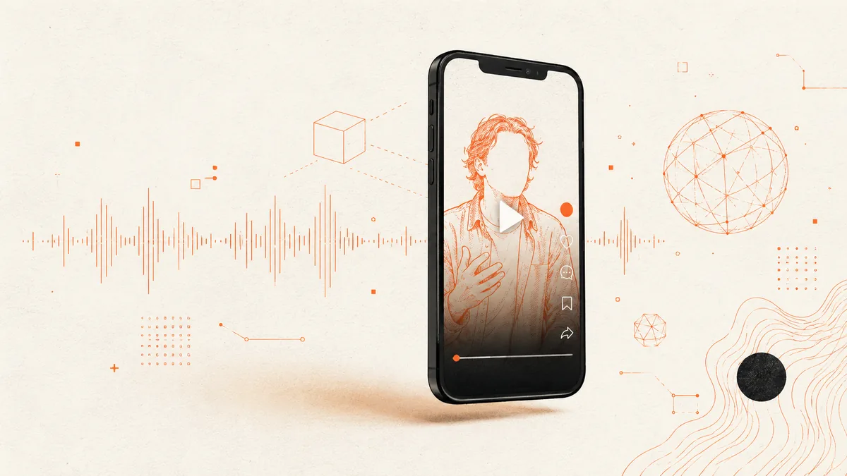 Editorial illustration about AI-generated reels — voice cloning, avatar training, and the full content automation loop